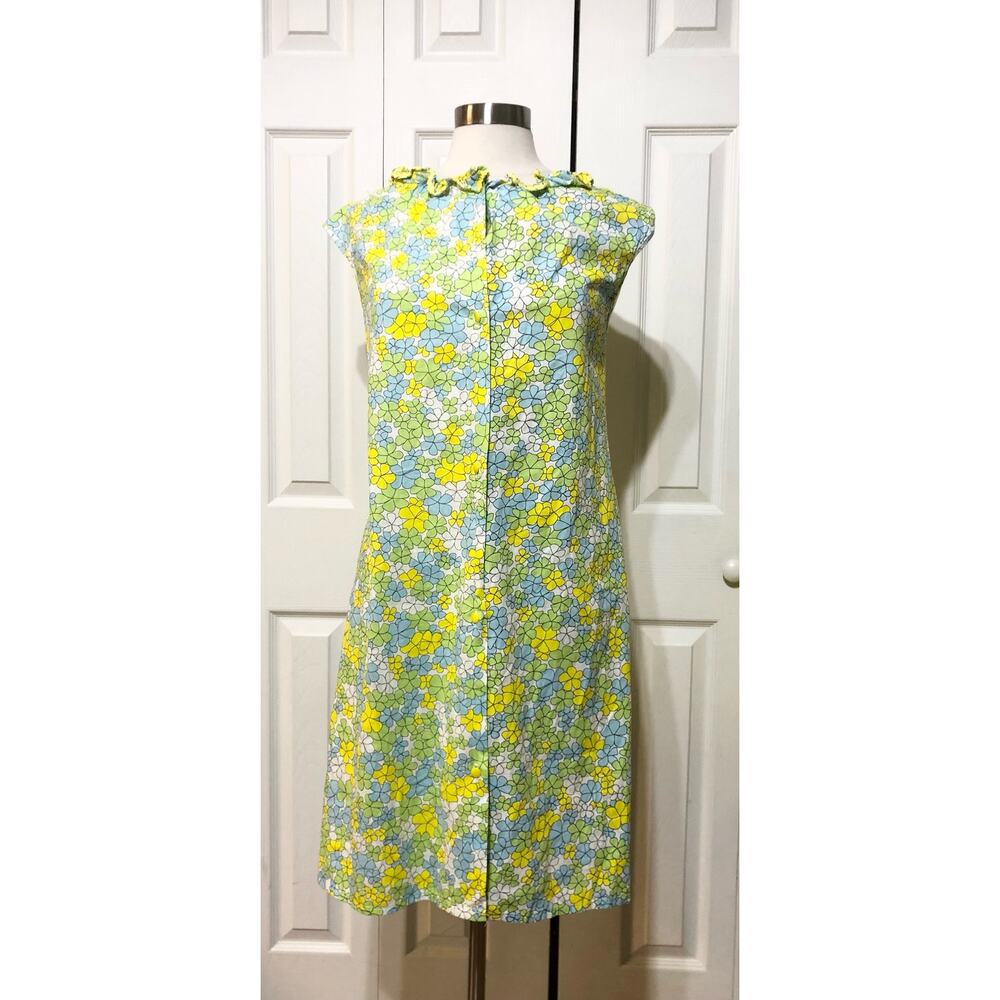 Vintage Greencraft Blue Yellow Mod Floral Button Gown Housecoat Ladies M Medium